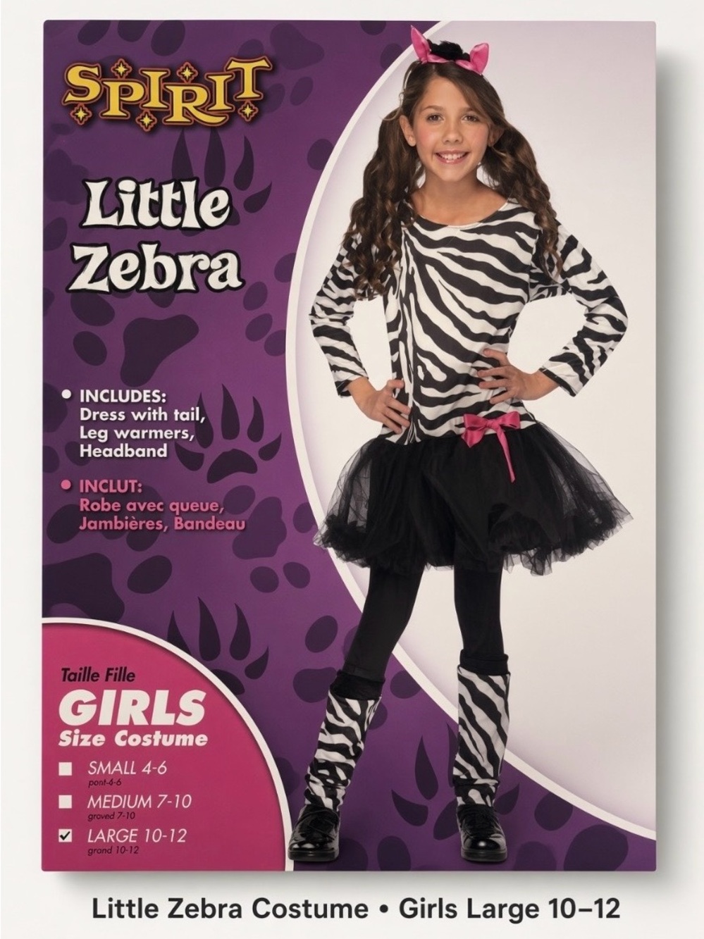 Spirit Little Zebra Costume – Girls Large 10–12 (Dress, Tail, Leg Warmers & Head
